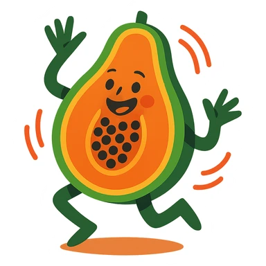 animated papaya dancing, exaggerated movement, cheerful and dynamic sticker
