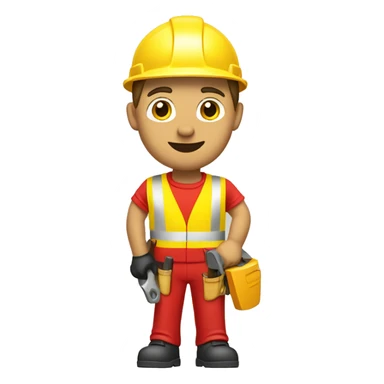 a caucasian construction worker from the chest up, looking frontal, wearing a red hard hat and yellow high-visibility vest, underneath he is wearing a red t-shirt, holding a hammer sticker