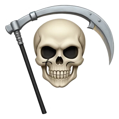 A laughing skull with a scythe crossed behind it, one eye socket winking. Clean, stylized lines, flat vector. Medieval woodcut style. Black and white with one accent color (tarnished silver). No background. sticker