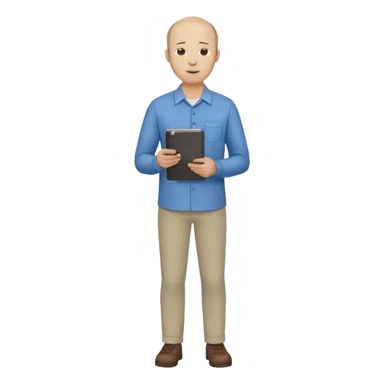 man, mid 30's shirt and trousers balding hairline, full body, standing, holding a clipboard sticker