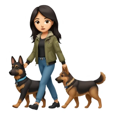 A girl with rather long brown-black hair is walking her German Shepherd. She's dressed very nicely in cute pants and a stylish jacket. sticker