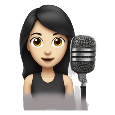 a woman with long black-brown hair, hazel eyes, pale skin, singing into a microphone sticker