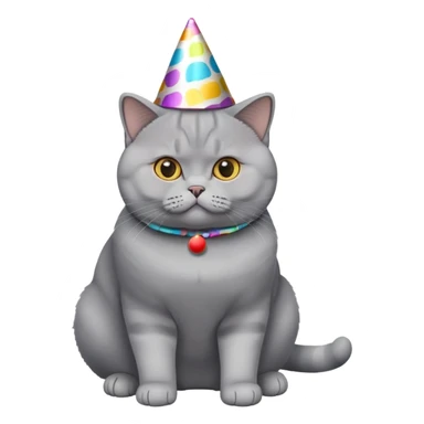 British Shorthair cat full body sitting with a party hat sticker