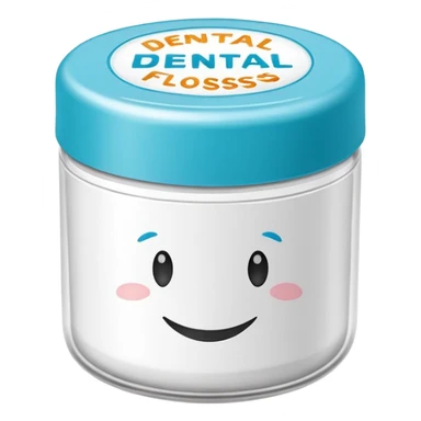 A small round plastic container with the phrase  "dental floss" on it sticker