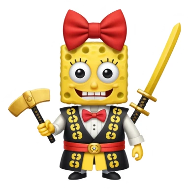 SpongeBob, wearing japan samurai custome, red bow tie sticker
