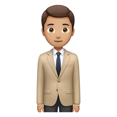 person seen from 3/4 rear angle, standing straight with professional posture, wearing formal office clothes like blazer or suit, arms relaxed by sides, clean minimal emoji design, smooth lines, simple color palette, white background sticker