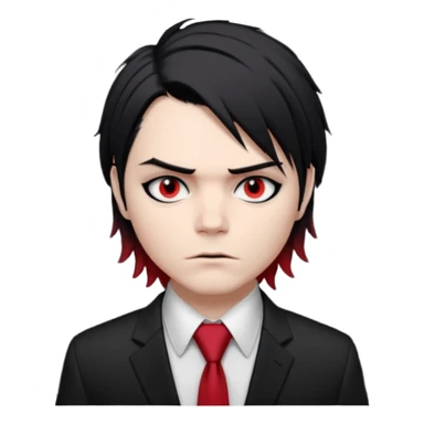 Gerard Way (Revenge Era)
Round, simplified emoji style
Pale skin tone
Jet-black, shoulder-length hair messy and emo
Heavy eyeliner and slight red shadow under the eyes
Subtle serious
Hint of red tie visible on black button up shirt.
Transparent background. Black eyeliner. Messy emo hair sticker
