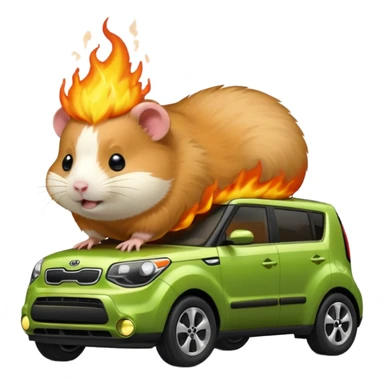 a hamster standing next to a green kia soul on fire sticker