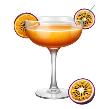Dark orange cocktail with white top and passion fruit garnish in a coupe cocktail glass sticker
