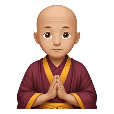 A old bald monk wearing traditional robes, calm expression, hands clasped, in a serene setting sticker
