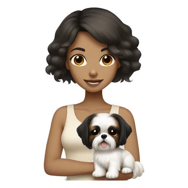 Tan girl, with black hair, holding white shih tzu with light brown spots sticker