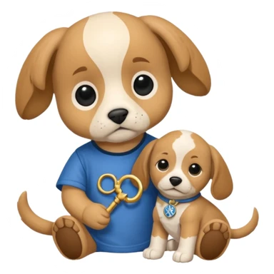 Puppy wearing a shirt with the zodiac symbol for Gemini. Puppy is chewing on a Harry Potter doll.  sticker