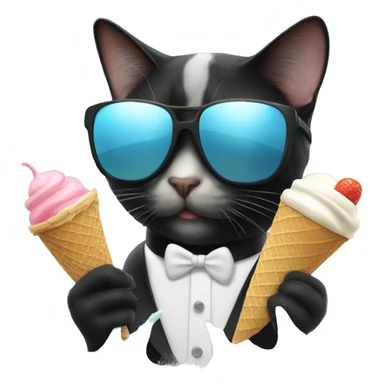 Tuxedo cat wearing sunglasses eating ice cream in the ocean sticker