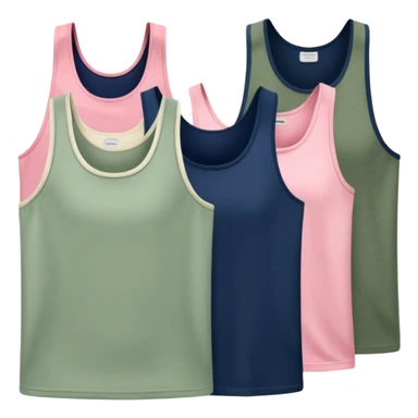 Multiple tank tops, one cream one cream one sage green one navy blue one pink sticker