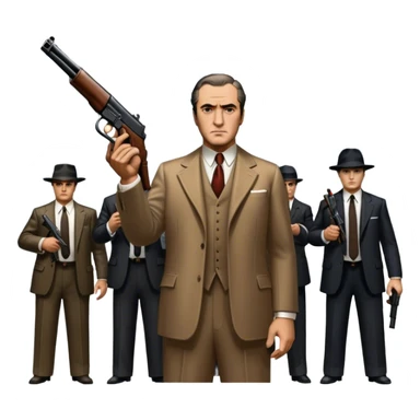 Vintage noir poster with Don Corleone surrounded by gangsters holding Thompson submachine guns. Dark and moody atmosphere with shadows, suits, and a mysterious vibe. Background features New York skyscrapers, adding to the gritty, classic gangster film feel. Transparent background. sticker