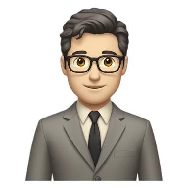 Full height Pale skinned Fit Man With dark brown hair in classic gray suit, beige office shirt, dark gray tie, and vintage glasses. His right hand is directed up sticker