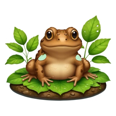 A brown toad sitting on wet ground near a pond, rough bumpy skin, natural light, green leaves around, realistic wildlife photo. sticker