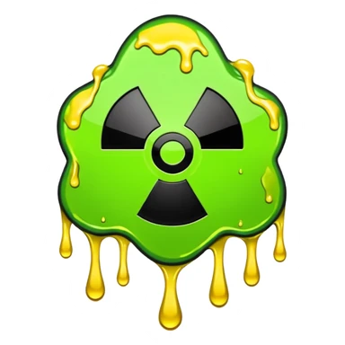 radioactive hazard symbol stylized to look like it is melting. The symbol is bright neon green and toxic yellow, with smooth dripping edges like liquid. sticker