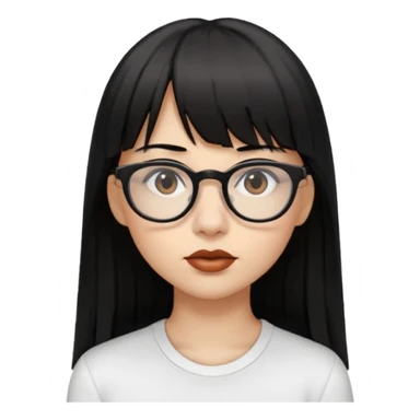 uma mulher snapchat icon, cor da pele normal, cabelo preto liso solto grande com franja, óculos pretos, com piercing na boca e nariz, olhos castanhos, camisa branca sticker