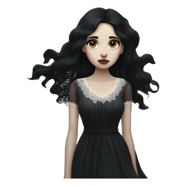 Dramatic girl  very pale with dark lighting  with black hair  in river with very very long lace dress  black long hair flying in the wind sad face  white eyes sticker