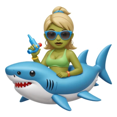 orc female sitting in an inflatable floatie shaped like a shark, wearing oversized sunglasses and a whistle on a neck cord, 2d sticker