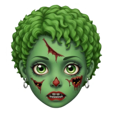 faça uma cabeça verde de zumbi femenina, com im cabelo curtinho cacheado, piercing no nariz, e brincos na orelha e várias cicatrizes sticker