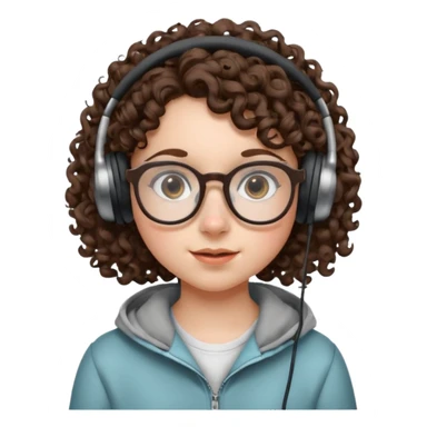 brunette kid with unique face features and very curly hair kid girl neutral and big glasess and big nose and dark eyes with freckles kind of nerd looking and headphone wearing sticker