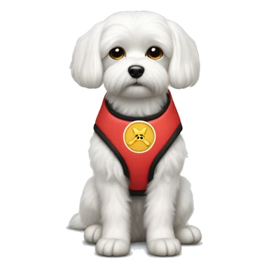 Maltese wearing a red service dog vest with a do not pet symbol on it sticker