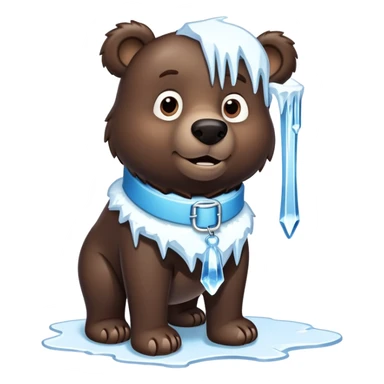 Realistic dark brown bear on four legs with a frozen ice collar that has icicles protruding downward, shaped like a large dog collar but made of crystal clear ice sticker