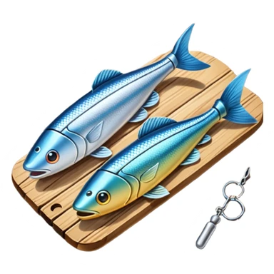 A metal lure set arranged on a wooden plank sticker