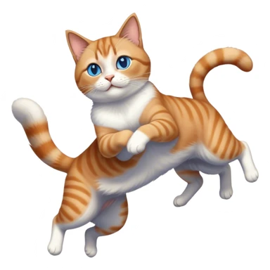 Athletic brown gray orange tabby cat leaping in the air over a blue eyed Siamese chubby cat sticker