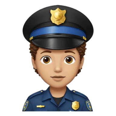 a cartoon-style avatar of a police officer with curly brown hair, wearing a black cap sticker