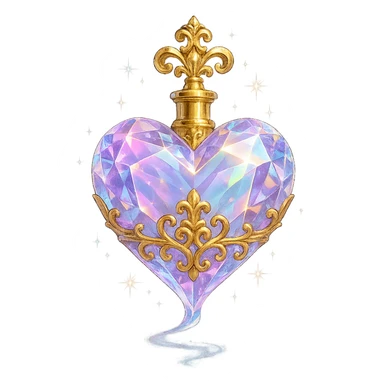 crystal luxurious elixir bottle in heart shape, pastel gradient, lots of shine, facets, ornaments, golden details, magical effects, very small golden neck, transparent background, beautiful merging base, clearly floating in air, no ground or shadow, very luxurious, matching a collection sticker