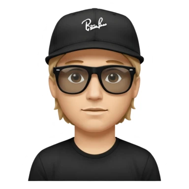 “Emoji of a white man with light brown hair under a black baseball cap, wearing a black t‑shirt and 1980s‑style black Ray‑Ban rectangle sunglasses, with black musical notes floating around his head, modern iOS emoji style. sticker