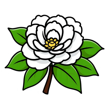 Elegant white camellia flower with symmetrical petals and rich green foliage sticker