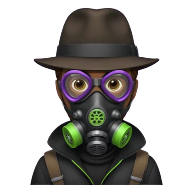 Male Hacker with a fedora with brown hair wearing a gasmask. Color scheme is black, lime-green and purple sticker