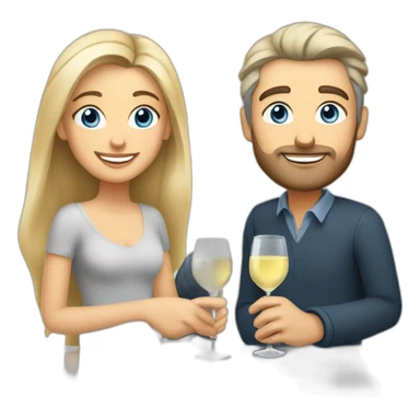 caucasian woman with brown eyes and blond medium long hair and a caucasian man with blue eyes and grey hair, toasting with a glass of white wine sticker