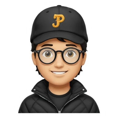 Young man wearing a black puffer jacket, black baseball cap with a small logo, round black glasses, wavy hair peeking out from under the cap, smiling sticker