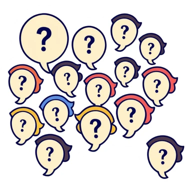 Team of people with bewildered expressions and question marks around them sticker