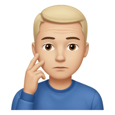 A clean-shaven man in casual clothing thinking critically, touching his chin with one hand, eyebrows slightly furrowed, focused and analytical expression. Neutral background, soft lighting, realistic emoji style. sticker
