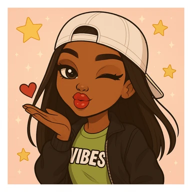 Make her wink while blowing a kiss, headshot only, keep her as a 20-year-old anime Bratz style woman with dark skin, dark hair, trendy streetwear, big expressive eyes, glossy lips, and a happy expression. No tears. sticker