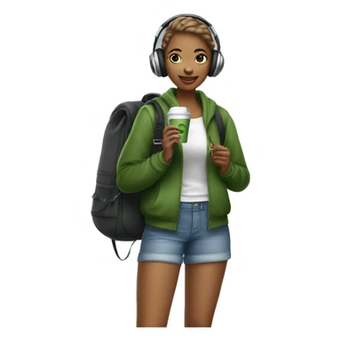21 year old trendy athleisure girl with a school bag, headphones holding a green coffee sticker