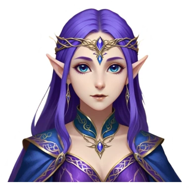 Cinematic Realistic WoW Elf Mage Portrait, depicted with ethereal, otherworldly beauty and refined arcane mastery. Clad in an intricately detailed robe in consistent deep blues and purples accented with shimmering gold filigree, her luminous, porcelain-like skin and delicate features evoke timeless elegance. Her piercing, mystical eyes radiate ancient wisdom, rendered with lifelike texture and subtle, magical lighting, high shine, noble and majestic, capturing the essence of a legendary elven sorceress. sticker