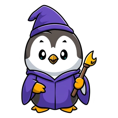 cartoonish penguin wizard casting a spell sticker