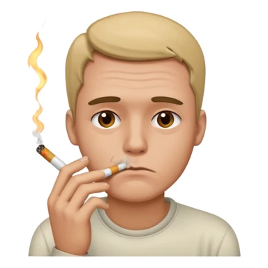 His face is very depressed and he holds a cigarette  sticker