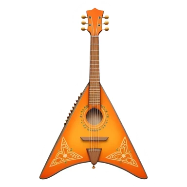 Create a vibrant and traditional emoji representing a three-stringed balalaika 'Prima.' The design should feature the characteristic triangular body of the balalaika with its three strings and visible tuning pegs. The woodwork should be simple yet elegant, reflecting the traditional Russian craftsmanship. Add subtle musical notes around the instrument to symbolize its cultural sound. Use rich, warm colors like natural wood tones, orange, and gold accents to convey its authenticity and musical heritage. The background should be transparent. sticker