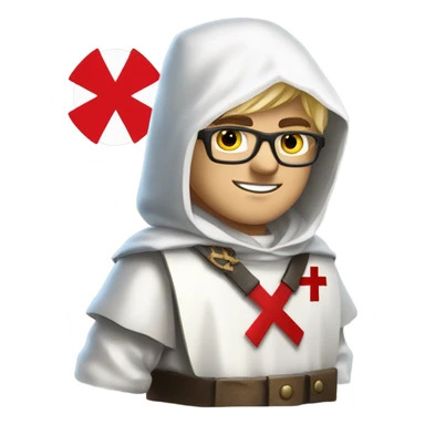 blond haired Masonic knight Templar wearing glasses and a white tunic with a Red Cross on the front and a white mantle with a hood with a Red Cross on the left side and a male face  and holding a sword. sticker