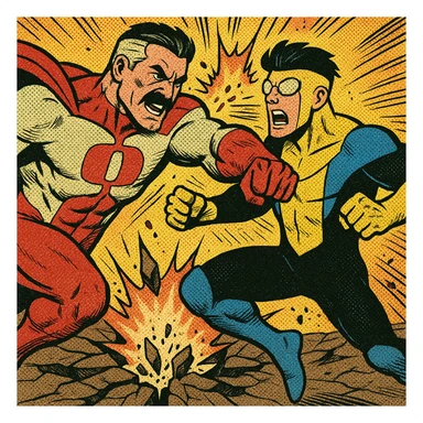 Omni-Man and Invincible exchanging blows, comic book style, shattered ground, explosive impact, high energy sticker
