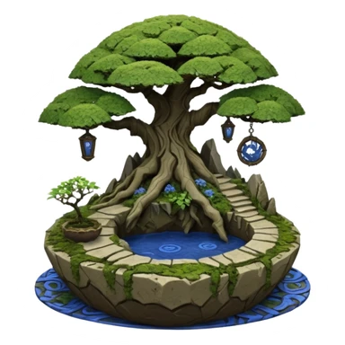 Alien spacecraft hanging-jungle vines mountain-island landscape mudman very old broken cracked intricate Stone Age rocky-crusted irregular dodecagon-shaped shallow dark moss rough bark blue willow flowered maple tree bonsai pot sticker