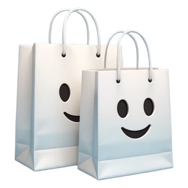 A 3D emoji of two white paper shopping bags, one large and one small, standing next to each other. Soft studio lighting, smooth 3D rendering, claymorphism style, minimalist design, cute, high resolution, isolated on a white background. sticker